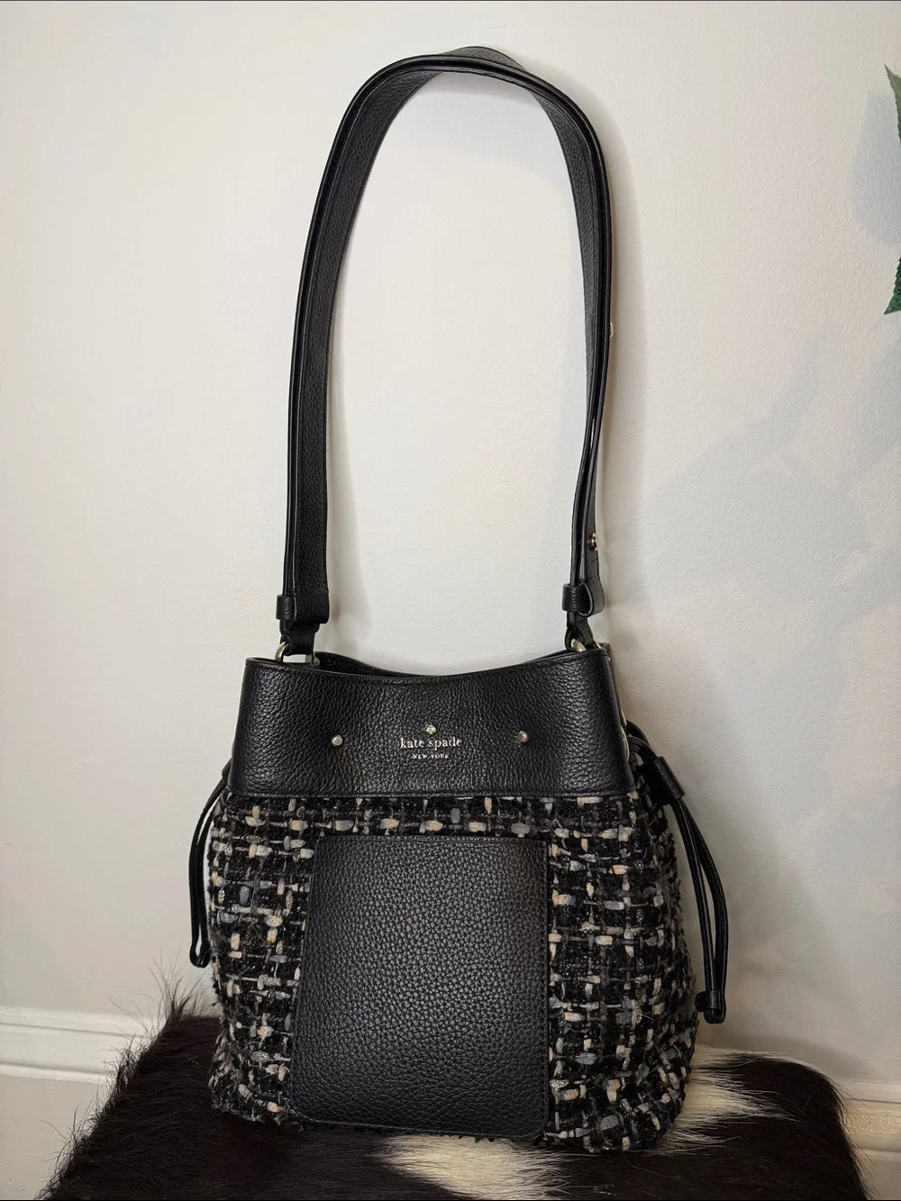 kate spade Marti Black Tweed Pebbled Leather Bucket Shoulder Bag